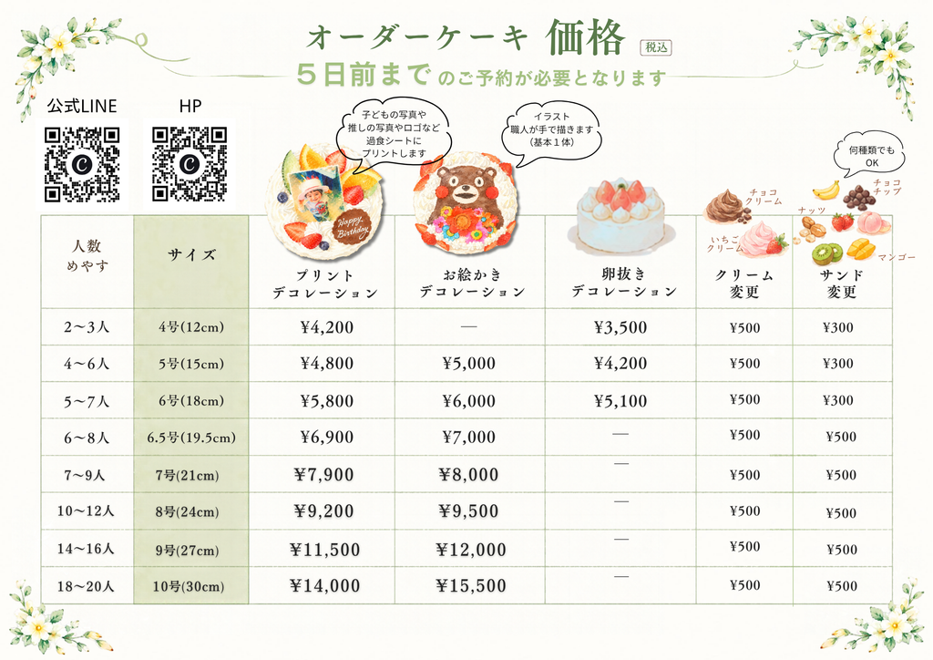 オーダーケーキ価格表